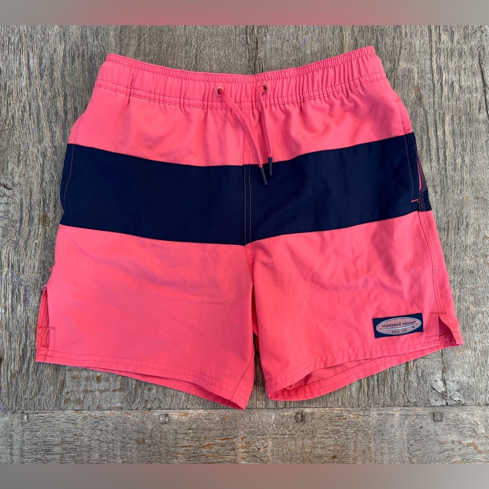 Vineyard Vines Coral and Navy Swim Trunks - Boys Medium